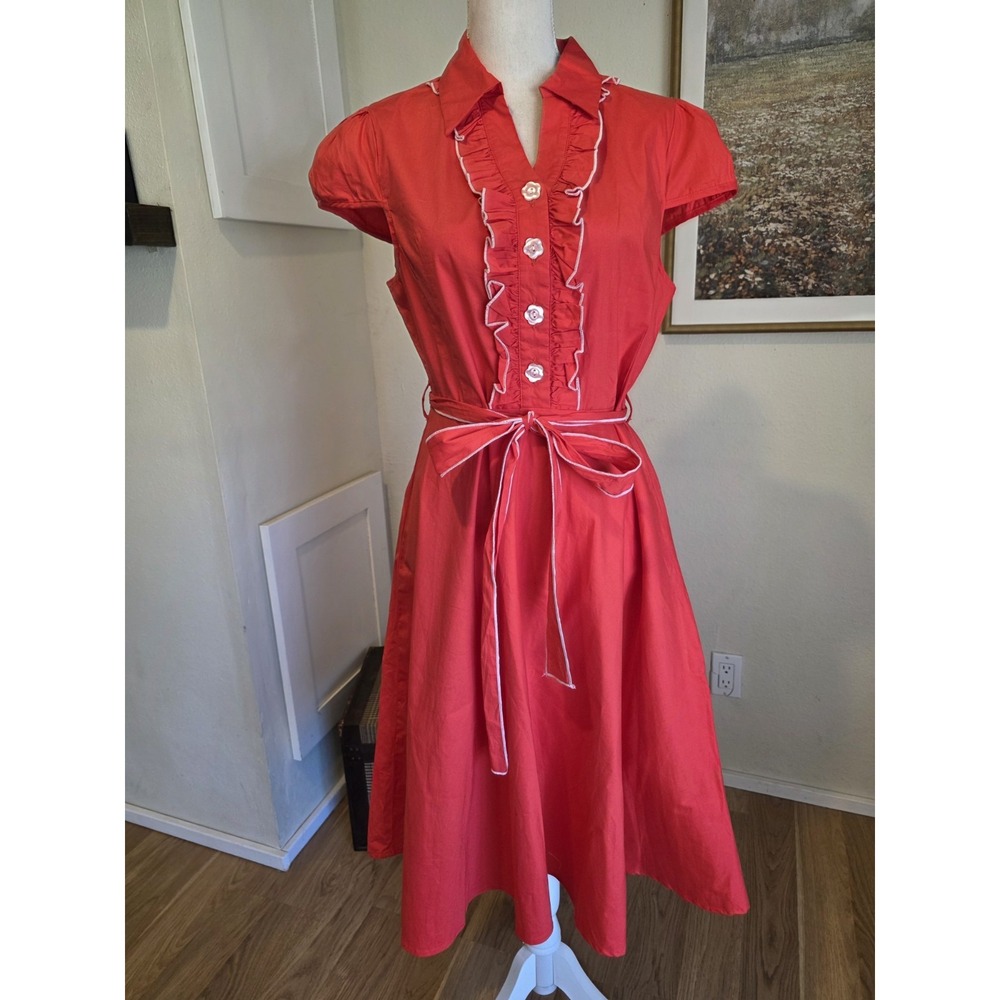 Lindy Bop Dress XL Midi Retro Red Orange Cap Sleeve Empire Waist Ruffle